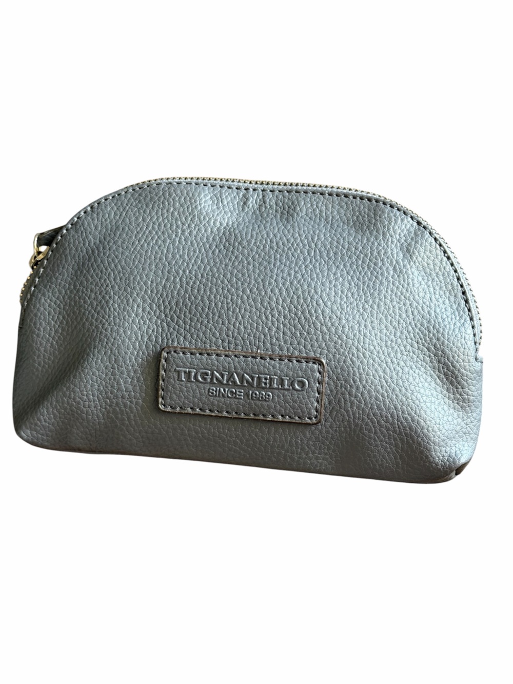 Small Gray Tignanello Striped Satin-Lined Zip Pouch in Tan and Brown